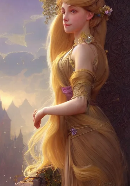 Prompt: rapunzel with long gold hair magic, intricate, elegant, highly detailed, digital painting, artstation, concept art, smooth, sharp focus, illustration, art by artgerm and greg rutkowski and alphonse mucha and william - adolphe bouguereau