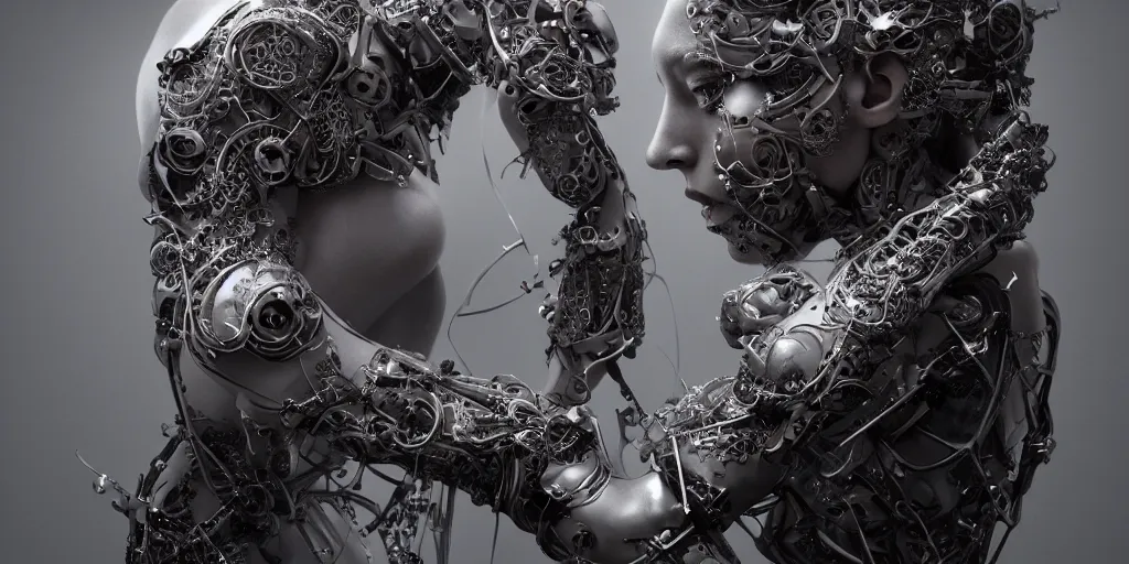 Image similar to hyper realistic photography of a stunningly beautiful cyborg female, elbow, plated arm, intimate, holding close, ribbons, in the style of beth cavener, jin kagetsu,, and wlop, highly detailed, intricate filigree, symmetry, masterpiece, award winning, sharp focus, concept art, highkey lighting, ambient lighting, octane render, 8 k, artstation