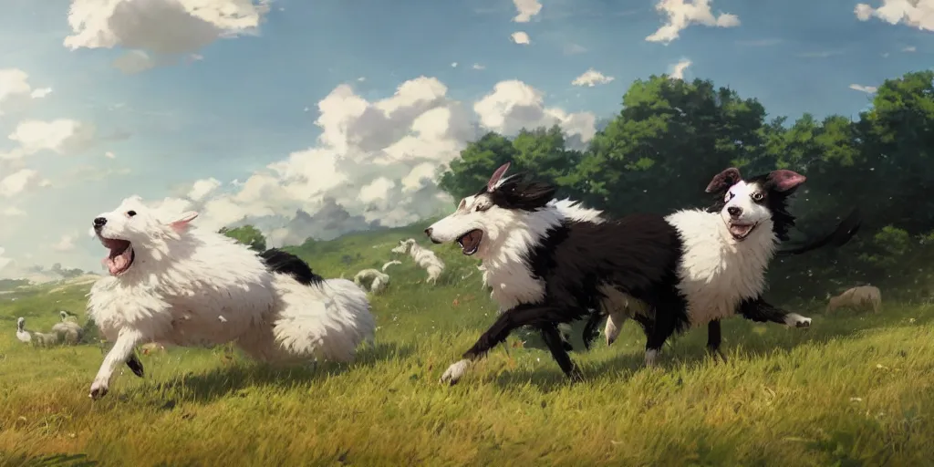 Prompt: border collie chasing sheep on feld. nime key visual of luffy studio lit directed gaze, trending on pixiv fanbox, painted by greg rutkowski makoto shinkai takashi takeuchi studio ghibli