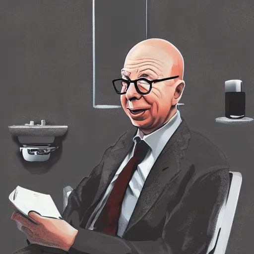 Image similar to Klaus Schwab with a surprised expression on his face, sitting on a toilet in a dirty public bathroom, graffiti on the stall walls, garbage on the ground, dimly lit, fish eye lens, high quality, artstation