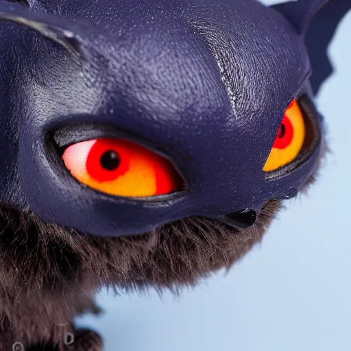 Image similar to detailed full body of scary giant mutant dark blue humanoid pygmy-bat, glowing red eyes, sharp teeth, acid leaking from mouth, realistic, giant, bat ears, bat nose, bat claws, bat wings, furred, covered in soft fur, detailed, 85mm f/1.4