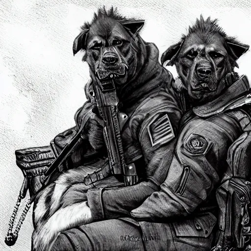 Image similar to two humanoid german shepherds beast - men, sitting on a couch and hugging together in military style, artstation.