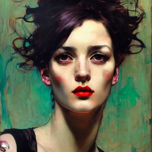 Prompt: realistic detailed face portrait of a female diesel punk Contemporary Modern art part by Malcolm Liepke, part by James Jean, part by Norman Rockwell, Triadic color scheme, Kojima, Yoshitaka Amano, Karol Bak, Expressionism, intricate fine details, exquisite, rich deep moody colors, beautiful flat vibrant background