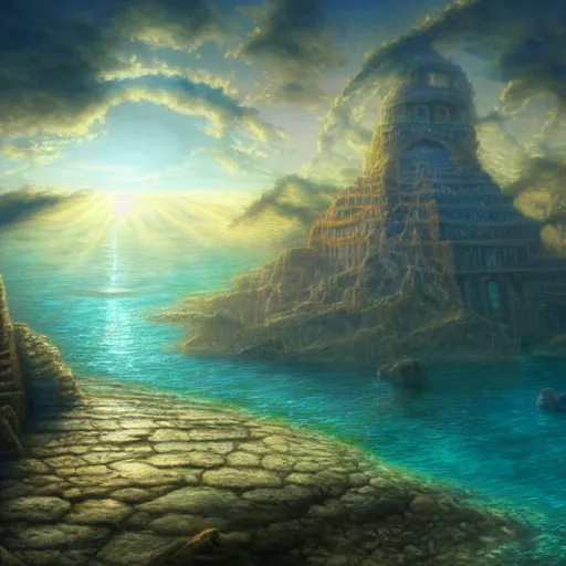 Prompt: A beautiful render of a lost city under the ocean, by robert steven connett and tomasz alen kopera and Jordan Grimmer, salvador dali style, gods ray, mesmerizing clouds, underwater, 4k hd wallpaper