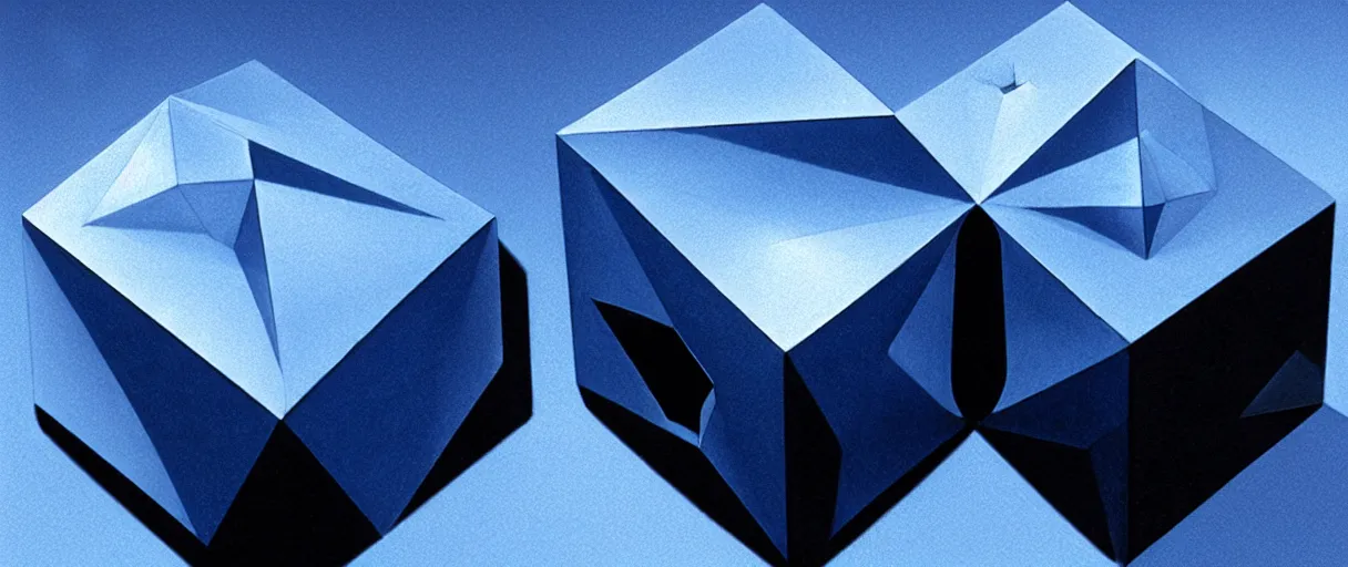 Image similar to hyperrealistic highly detailed Kepler's Platonic solid model impossible object in motion escher dali matte painting dramatic blue lighting wide angle hd 8k sharp shallow depth of field