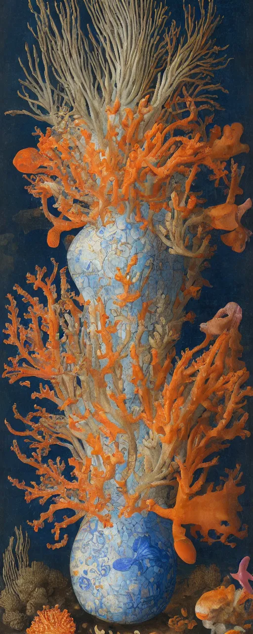 Image similar to bottle vase of coral under the sea decorated with a dense field of stylized scrolls that have opaque outlines enclosing mottled blue washes, with orange shells and purple fishes, Ambrosius Bosschaert the Elder, oil on canvas, hyperrealism, around the edges of there are no objects