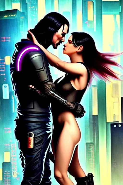 Prompt: a cyberpunk 2077 couple portrait of Keanu Reeves & female android final kiss in the night city,love,art by John Collier and Albert Aublet and Krenz Cushart and Artem Demura and Alphonse Mucha,John Wick,Replicas,artstation,deviantart,FAN ART,Digital painting,face enhance,highly detailed,8K,octane,golden ratio,cinematic lighting