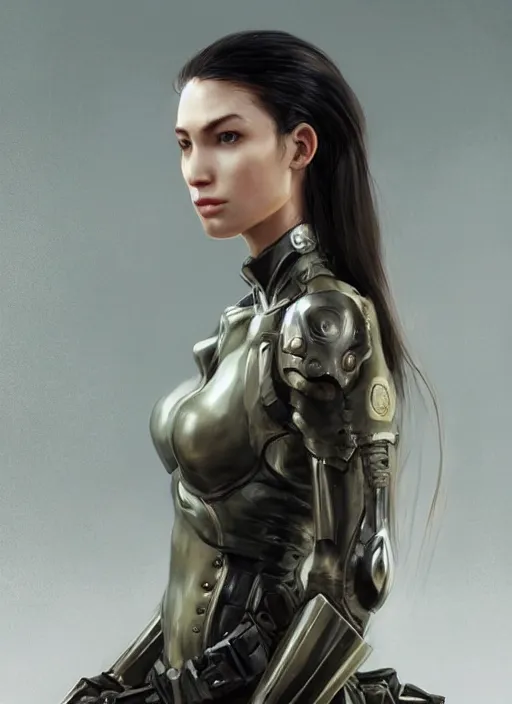 Image similar to a professional painting of a beautiful young female, clothed in military armor, olive skin, long dark hair, beautiful bone structure, symmetrical facial features, intricate, elegant, digital painting, concept art, smooth, sharp focus, illustration, from Metal Gear, by Ruan Jia and Mandy Jurgens and Artgerm and William-Adolphe Bouguerea