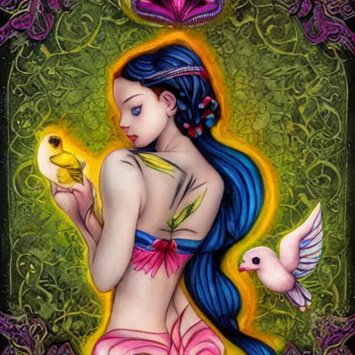 Image similar to soft by jasmine becket - griffith, by nacho carbonell illuminated manuscript, illuminated manuscript. body art. a woman is shown from behind, her body slightly blurred as if in motion. her long hair cascades down her back, & she is holding a small bird in her hand.