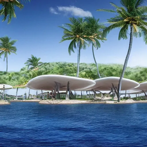 Image similar to architectural renderings, a seaside visitor center consisting of three mushroom - shaped buildings on the blue sea with tall coconut trees ， detailed