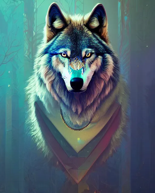 Prompt: highly detailed surreal vfx portrait of a metallic chromatic geometric tribal wolf, behance, stephen bliss, unreal engine, greg rutkowski, loish, rhads, beeple, makoto shinkai and lois van baarle, ilya kuvshinov, rossdraws, tom bagshaw, alphonse mucha, global illumination, detailed and intricate environment