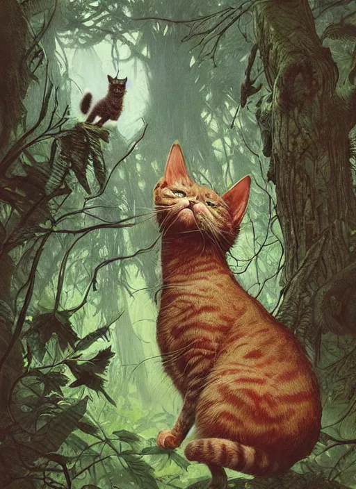 Prompt: a hyper realistic cat witch bird creature in the woods gorgeous lighting, lush forest foliage painting by chiara bautista and beksinski and norman rockwell and greg rutkowski weta studio, and lucasfilm