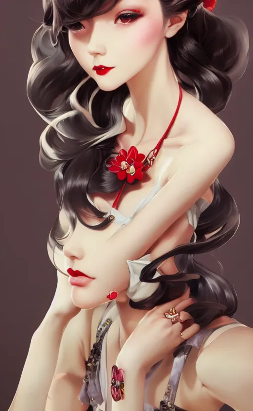 Image similar to a pin up and beautiful fashion and charming and dreamlke japan girl with lv jewelry, character art, art by artgerm lau and kyoung hwan kim and and ilya kuvshinov and john singer sargent, hyperdetailed, 8 k realistic, symmetrical, frostbite 3 engine, cryengine, dof, trending on artstation, digital art