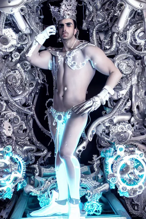 Image similar to full-body rococo and cyberpunk style neon statue of a muscular attractive Yandel macho dotado e rico android sim roupa reclining con las piernas abertas e la piroca dura, glowing white lasers, glowing eyes, silver prince crown, silver steampunk gears, white diamonds, swirling mint-colored silk fabric. futuristic elements. ethereal white dripping tar. full-length view. space robots. human skulls. large white balloon animals. intricate artwork by caravaggio. Trending on artstation, octane render, cinematic lighting from the right, hyper realism, octane render, 8k, depth of field, 3D