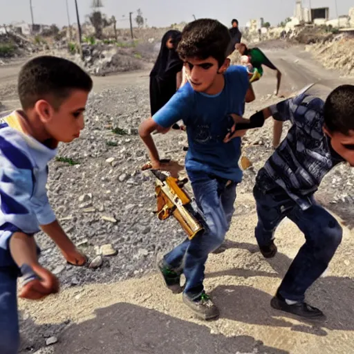 Prompt: kids in gaza strip fighting using digimons