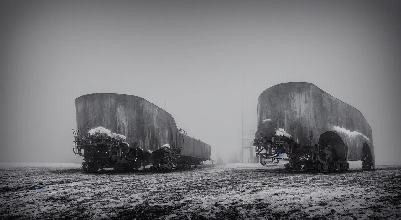 Image similar to “photo of one biomechanical mammoth in an arctic storm with fog and blizzard, the mammoth drags old gigantic coal wagons with snow, it's a sunset photo with cold tones, some people around ”