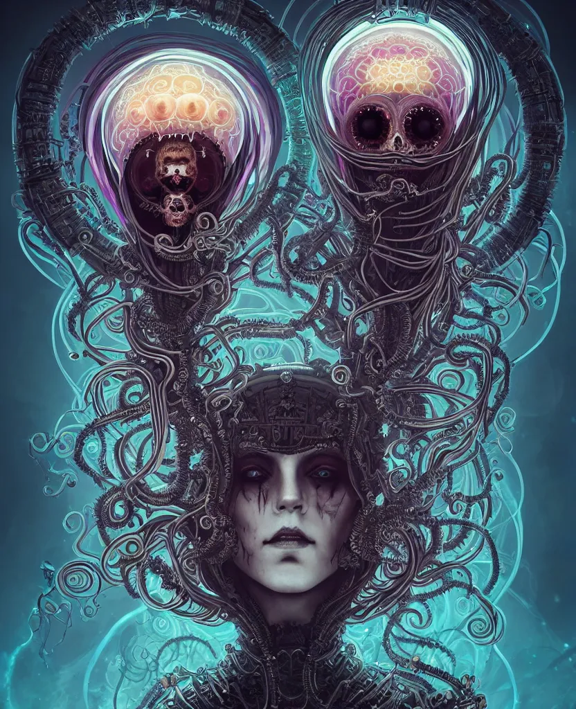 Image similar to queen of death. intricate portrait, occult cyberpunk, ancient futuristic, dark art, occult. intricate biomechanical, bioluminescent halo around head, mandala ornament, cybernetic glowing jellyfish, tentacles, by Petros Afshar, by artgerm, by Eddie Mendoza, by Peter mohrbacher by tooth wu, unreal engine, octane render, cinematic light, high details, iridescent colors, macro