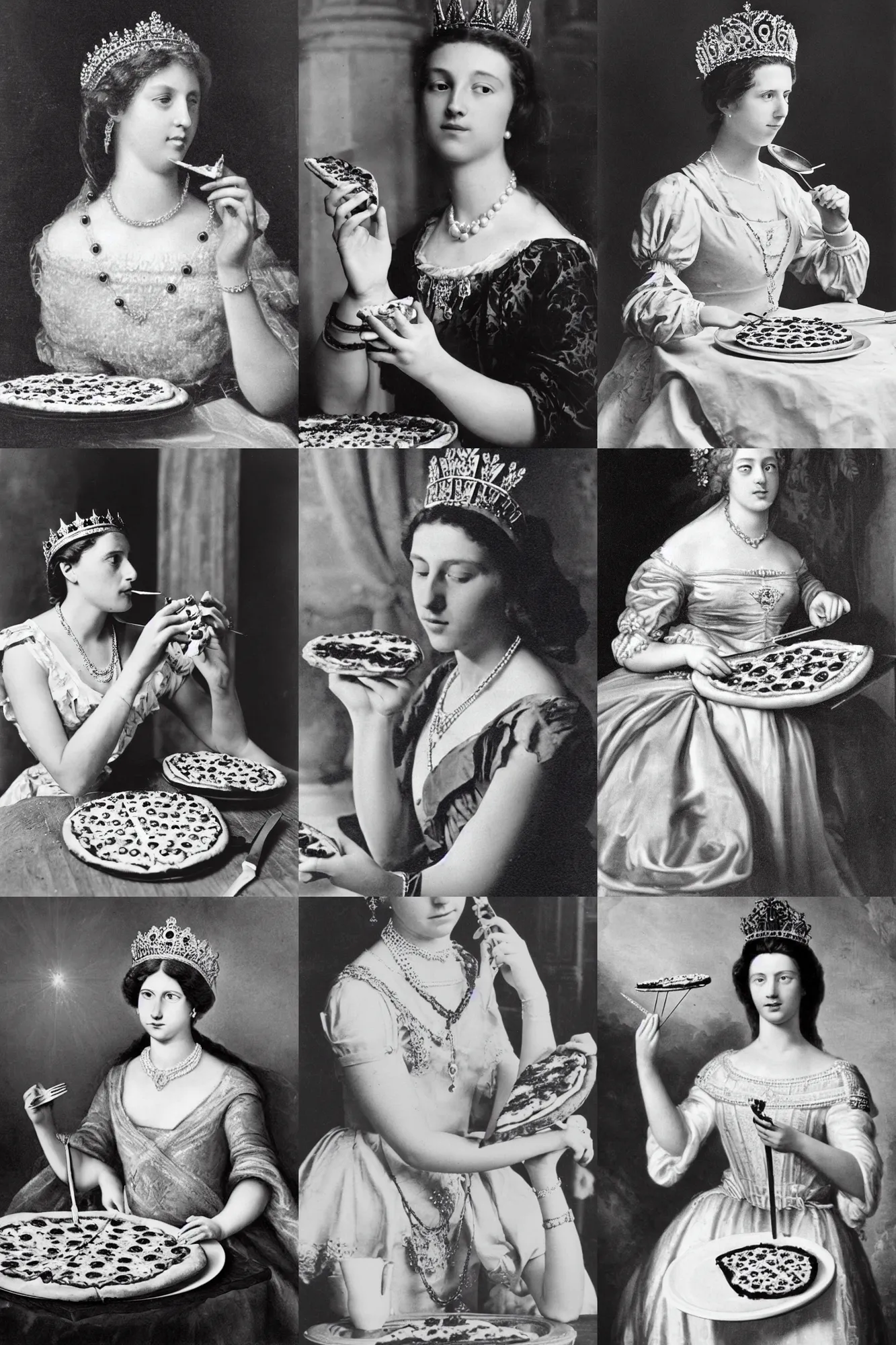 Prompt: a historical photo of young beautiful queen margherita of italy, eating a pizza margherita with hands and a fork, intricate detailed tiara, pearl necklace, large cornicione, black and white photo, smooth lighting, masterpiece, timeless, genious composition