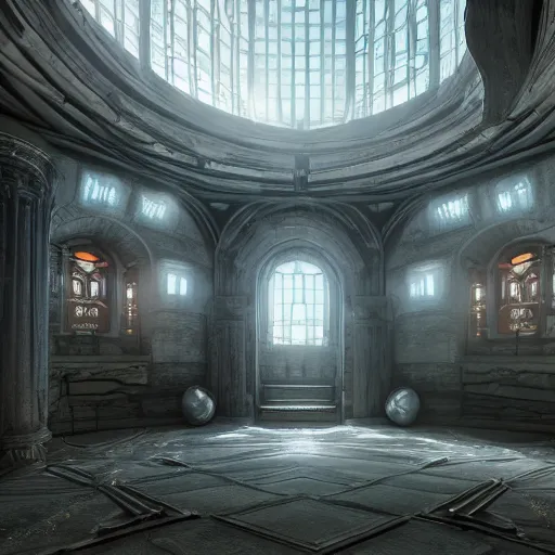 Prompt: ultra mega super hyper realistic Digital concept interior design of futuristic castle in mixed with medieval style. More cyberpunk less medieval. Natural white sunlight from the transperient roof. Rendered in VRAY and DaVinci Resolve and MAXWELL and LUMION 3D, Volumetric natural light