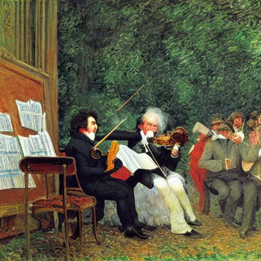 Image similar to beethoven smoking weed, conducting symphony by monet and peter bruegel