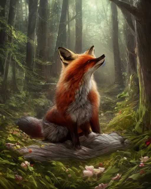 Prompt: Fox singer singing in forest, portrait, wearing hat, magical notes, fairy atmosphere, magic the gathering artwork, D&D, fantasy, cinematic lighting, centered, symmetrical, highly detailed, digital painting, artstation, concept art, smooth, sharp focus, illustration, volumetric lighting, epic Composition, 8k, art by Akihiko Yoshida and Greg Rutkowski and Craig Mullins, oil painting, cgsociety