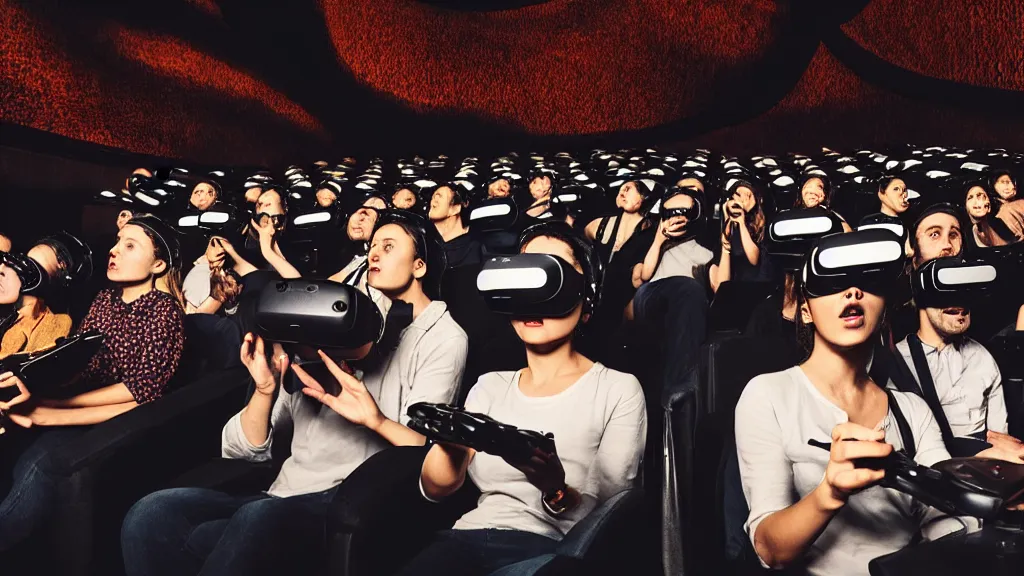 Image similar to people in a busy dark movie theatre, all of themare wearing vr headsets with art direction by salvador dali, wide lens