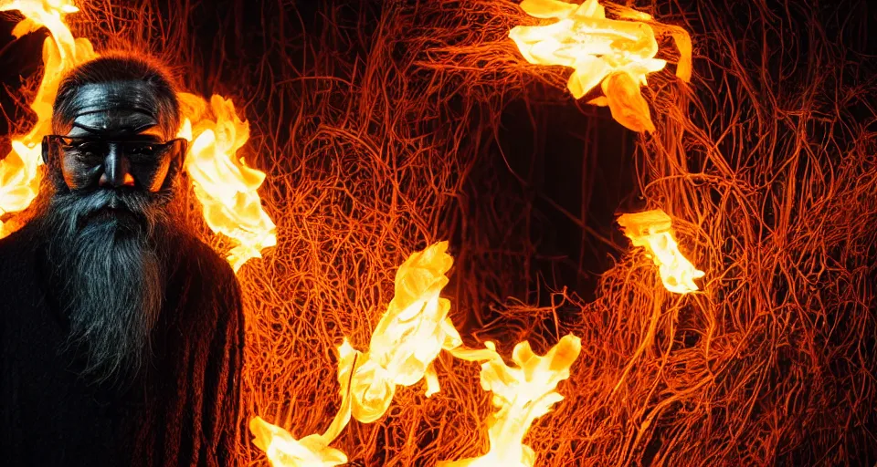 Image similar to full body shot of old asian man with long beard, his head covered in roots, full face occult silver mask, bright multiple glowing eyes, holding a large carved wooden dark fractal stick, thick smoke around him, in the burning soil desert, cinematic shot, wide angle, dark desert background, volumetric lighting by Denis Villeneuve, Lubezki, Gaspar Noe, Christopher Doyle and Alejandro Jodorowsky, anamorphic lens, anamorphic lens flares, kodakchrome, cinematic composition, practical effects, award winning photo, 8k