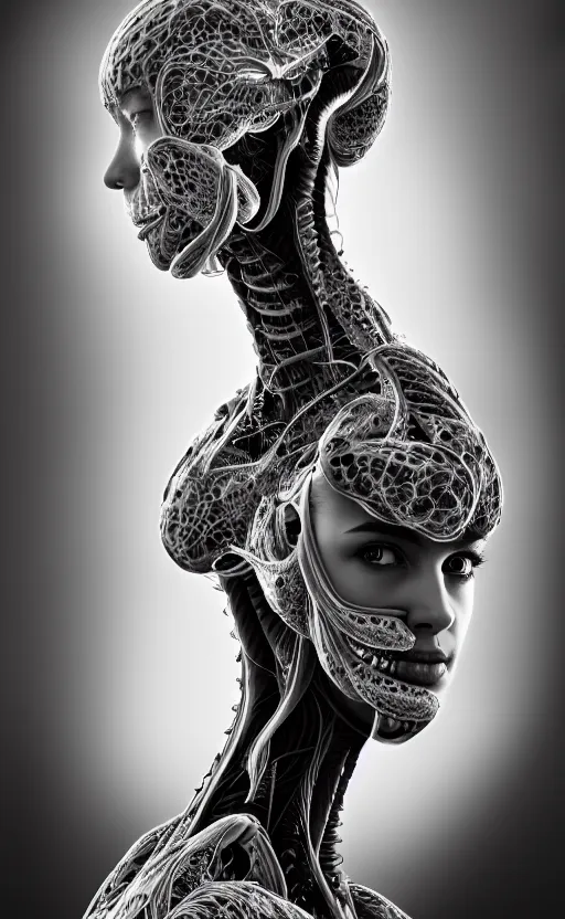 Image similar to a black and white 3D render of a beautiful portrait of a young female angelic-dragon-cyborg face with a very long neck, 150 mm, orchids, Mandelbrot fractal, anatomical, flesh, facial muscles, veins, arteries, full frame, microscopic, elegant, highly detailed, flesh ornate, elegant, high fashion, rim light, ray trace, octane render in the style of H.R. Giger and Man Ray, Realistic, Refined, Digital Art, Highly Detailed, Cinematic Lighting, rim light, black and white, photo-realistic Unreal Engine, 8K