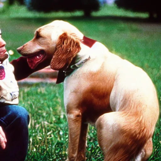 Prompt: film still from the 1995 movie 'My Dog Is A Psychopath'. The owner confront his crazy dog. Sigma 85mm f/8