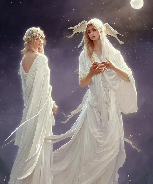 Image similar to Angels in white gauze dresses, the glow of the moonlight, fantasy, intricate, elegant, highly detailed, digital painting, artstation, concept art, matte, sharp focus, illustration, art by Artgerm and Greg Rutkowski and Alphonse Mucha, trending on instagram