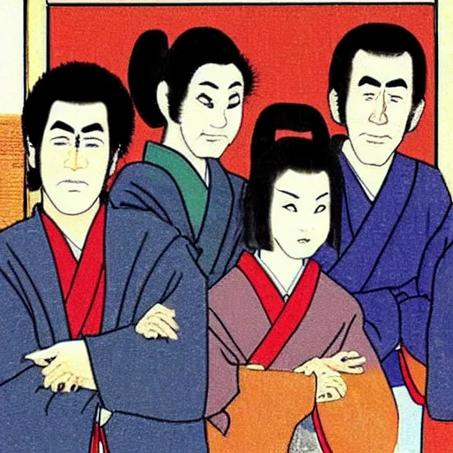 Image similar to ancient Japanese painting of Seinfeld characters in Jerry’s apartment, extremely detailed