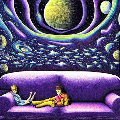 Image similar to psychedelic trippy couch in space, planets, milky way, sofa, cartoon by rob gonsalves and gustav dore