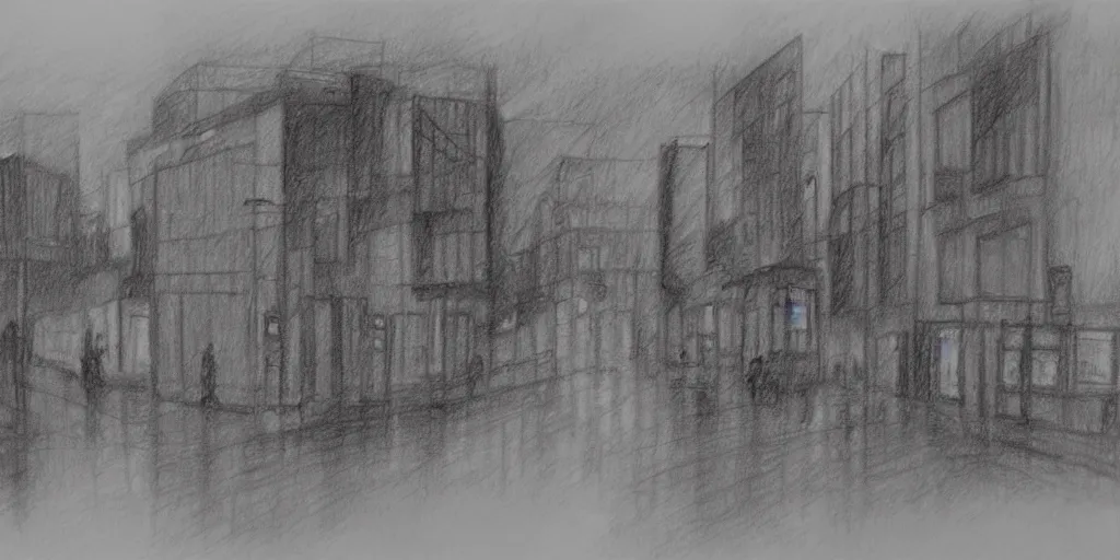 Image similar to a drawn gloomy city in the rain. pencil sketch