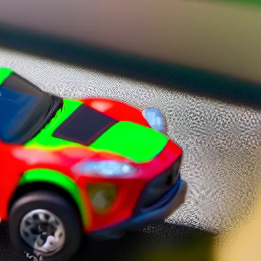 Image similar to a red haired woman driving a Jada toys mitsubishi eclipse green diecast car, high resolution macro photo, viewed through the cars window