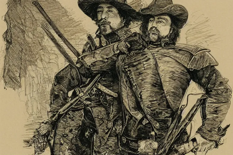 Image similar to 1 7 th century musketeer by ed fairburn, joseph clement coll, franklin booth, green