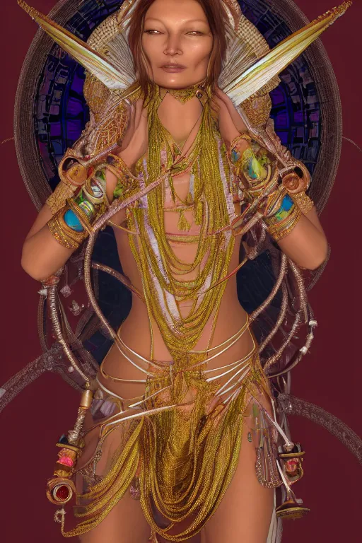 Prompt: a photo of a beautiful indian ancient alien woman goddess kate moss in jewelery and fractals in style of alphonse mucha art nuvo trending on artstation made in unreal engine 4 octane render in 8 k