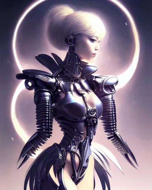 Image similar to portrait of a cyborg woman with metal wings, pixie character, genshin impact, fantasy magic, dark light night, intricate, elegant, sharp focus, illustration, highly detailed, concept art, matte, art by wlop and artgerm and greg rutkowski, anime, trending on artstation
