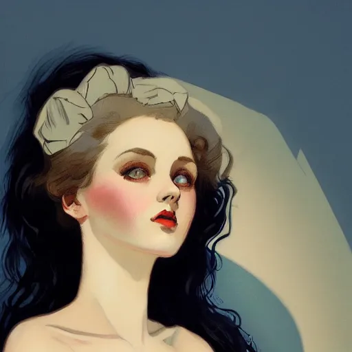 Image similar to a portrait of a beautiful woman in the style of charles dana gibson and in the style of peter mohrbacher. porcelain skin, big blue eyes.