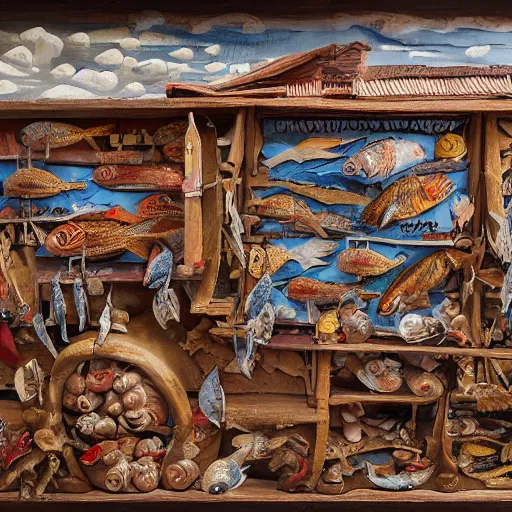 Image similar to Retablo del Mar (Altarpiece of the Sea). The most important work of Sebastian Miranda, depicts scenes of the populous fish market of Gijón, carved on a wooden board. Hyper detailed featured in artstation