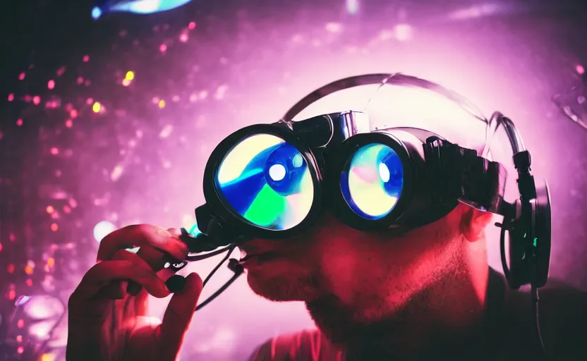 Prompt: a person wearing goggles and visor and headphones using a futuristic record player contraption, wires and tubes, turntablism dj scratching, intricate planetary gears, cinematic, imax, sharp focus, leds, bokeh, iridescent, black light, fog machine, hazy, lasers, hyper color digital art