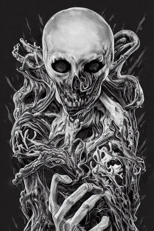 Image similar to black and white illustration, creative design, body horror, death monster