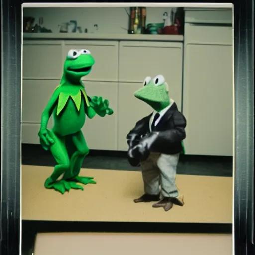 Image similar to Walter White fighting Kermit the Frog, polaroid photo with flash, eerie