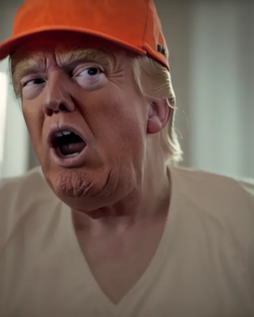 Image similar to closeup portrait of of angry donald trump wearing orange prison pajamas sitting on a bed in a filthy prison, cinematic masterpiece, octane, dramatic lighting, 35mm, very detailed