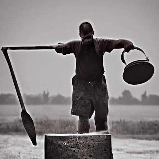 Prompt: a dirty blacksmith with the hammer raised aloft in front of an anvil, 4K, realistic photo, award winning EOS-1D, f/1.4, ISO 200, 1/160s, 8K, RAW, unedited, symmetrical balance, in-frame