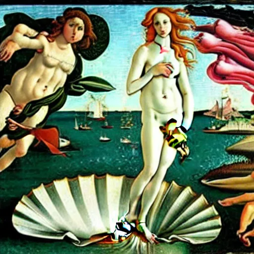 Prompt: The Birth of Venus (c.1485) by Sandro Botticelli except Venus is Boris Johnson