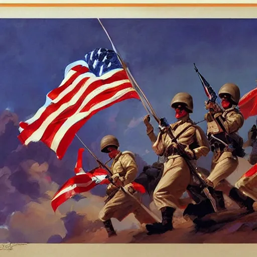 Image similar to greg manchess painting of a propganda poster of a group of soldiers raising the american flag, painting, trending on artstation, by huang guangjian and gil elvgren and sachin teng