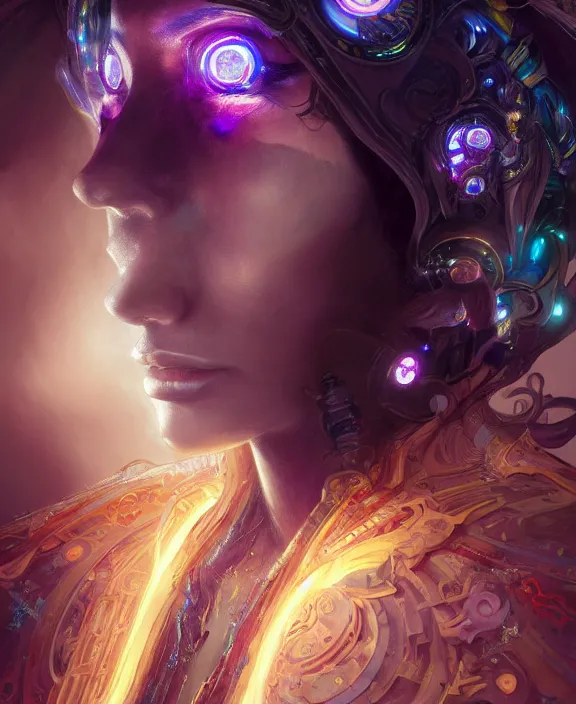 Image similar to a whirlwind of souls rushing inside the metaverse, half body, glowin eyes, tiara with sapphire, pharaoh, android, cyberpunk, d & d, fantasy, intricate, elegant, highly detailed, colorful, vivid color, digital painting, artstation, concept art, art by artgerm and greg rutkowski and alphonse mucha and ruan jia