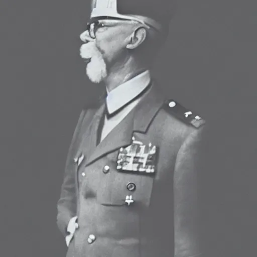 Prompt: colonel saunders as dictator, vintage photograph, old, monochrome, slightly blurry, vintage effect, grain effect