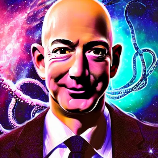 Prompt: Jeff Bezos as a terrifying cosmic horror with a thousand tentacles coming from his eyes and cracks in his head with a cosmic background. Epic digital art