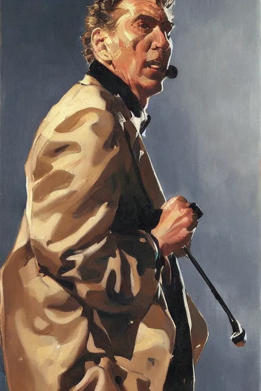 Image similar to kramer holding a microphone on stage, painting by jc leyendecker!! phil hale!, angular, brush strokes, painterly, vintage, crisp